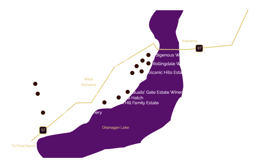 wine tour map showing wineries on the westside wine trail